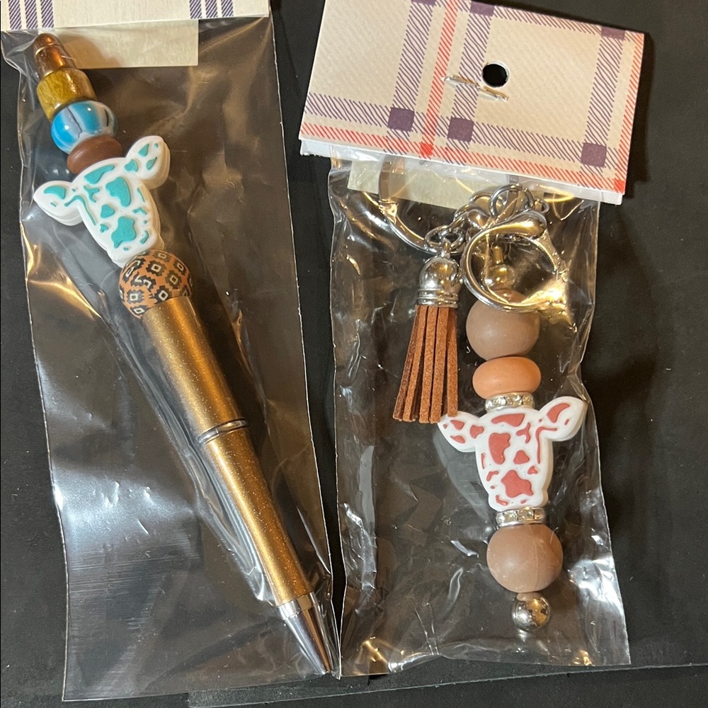 Gold Pen with Cow Charm Keychain and Beads